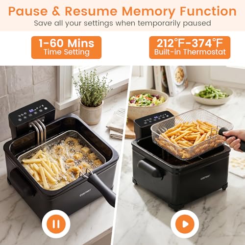 COSTWAY Deep Fryer with Touch Screen, 5.3-Qt/5L Electric Fryers with Basket, 6 Presets, 1700W Stainless Steel Countertop Fryer Pot w/Enamel Oil Tank, Viewing Window, Anti-Grease Filter & Timer, Black