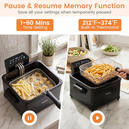 COSTWAY Deep Fryer with Touch Screen, 5.3-Qt/5L Electric Fryers with Basket, 6 Presets, 1700W Stainless Steel Countertop Fryer Pot w/Enamel Oil Tank, Viewing Window, Anti-Grease Filter & Timer, Black