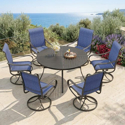 PHI VILLA 7 Piece Outdoor Patio Dining Set with 6 Swivel Dining Chairs & 1 Large Round Dining Table, Blue Textilene Mesh Fabric Chair and 54" Metal Table for All Weather