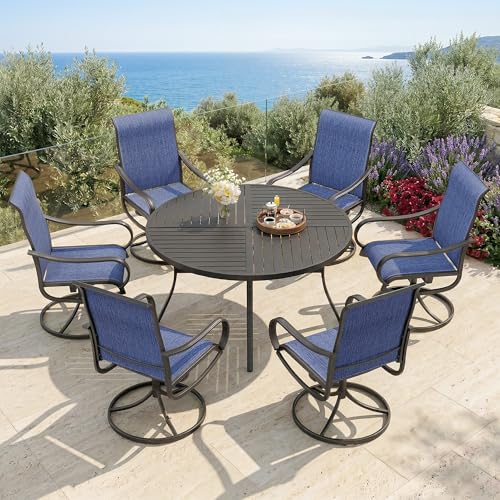 PHI VILLA 7 Piece Outdoor Patio Dining Set with 6 Swivel Dining Chairs & 1 Large Round Dining Table, Blue Textilene Mesh Fabric Chair and 54" Metal Table for All Weather