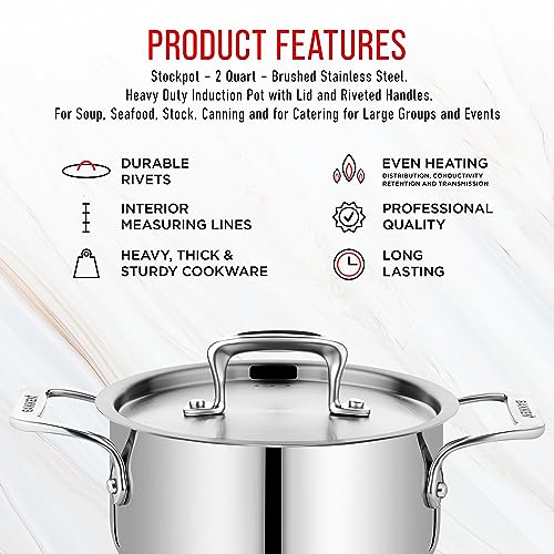 Stainless Steel Stockpot with Lid 2 Quart, Durable 18/8 Stainless Steel, Impact-Bonded Base for Even Heating, Riveted Handles, Oven & All Stove Compatible, Safe Up To 500°F (260°C)