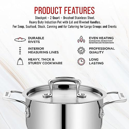 Stainless Steel Stockpot with Lid 2 Quart, Durable 18/8 Stainless Steel, Impact-Bonded Base for Even Heating, Riveted Handles, Oven & All Stove Compatible, Safe Up To 500°F (260°C)