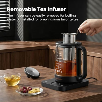 Narcissus Electric Kettle Temperature Control ±5℉, 1.8L Glass Electric Tea Kettle with Removable Infuser for Flowers & Fruit Tea, 1200W Fast Boiling, 6 Hours Keep Warming, Black
