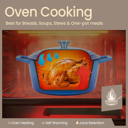 Bakken Enameled Cast Iron Dutch Oven Pot, 6QT Dutch Oven for Bread Baking, Braising & Roasting, Kitchen & Campfire Cooking, Moisture-Locking Lid, Oven Safe Up To 500°F, Works on All Cooktops, Blue
