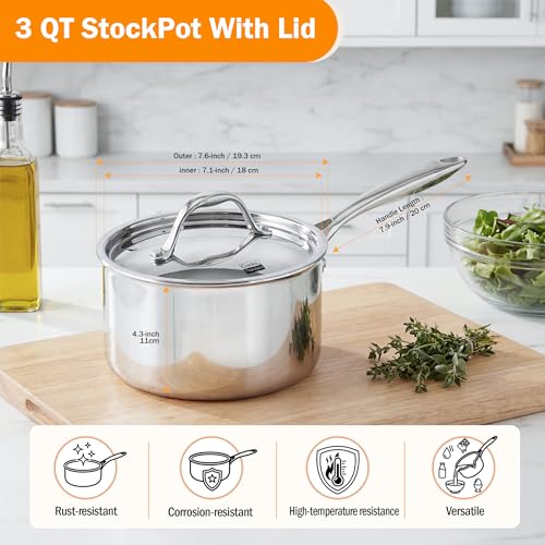 Cooks Standard Multi-Ply Clad Stainless Steel Saucepan with Lid, Sauce Pan Kitchen Induction Pot, Dishwasher & Oven Safe, Compatible with All Cooktops, 3-Quart