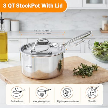 Cooks Standard Multi-Ply Clad Stainless Steel Saucepan with Lid, Sauce Pan Kitchen Induction Pot, Dishwasher & Oven Safe, Compatible with All Cooktops, 3-Quart