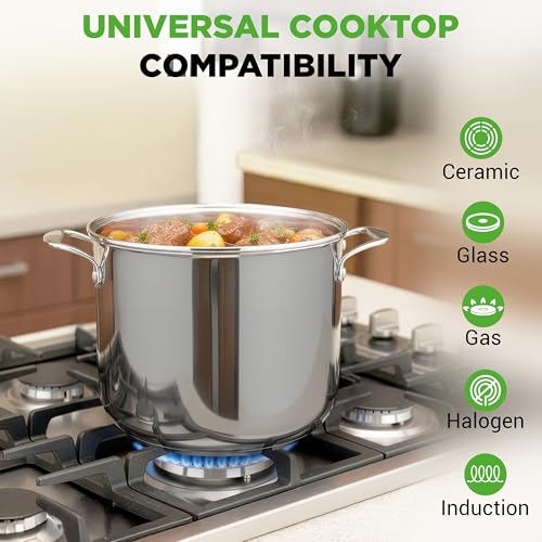 NutriChef 12-Quart Stainless Steel Stockpot – 18/8 Food Grade Heavy-Duty Induction-Compatible Pot with See-Through Lid, Ideal for Stews, Broths, Simmering & Soups, Dishwasher Safe – NCSP12