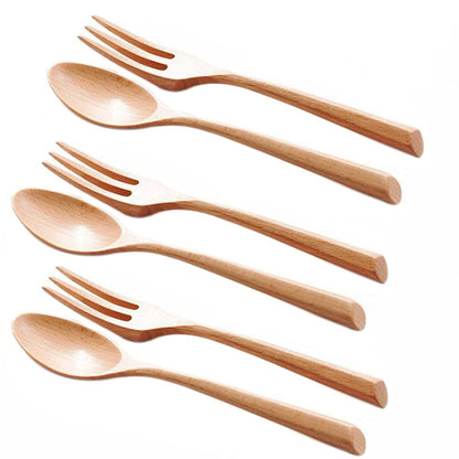 Kyien 6Pcs Wood Soup Spoons And Forks Sets 7.5In Natural Wood Eating Utensils Wooden Flatware Set, Eco Friendly Wood Cutlery Wooden Dinner Fork And Spoon, 3 Spoons and 3 Forks