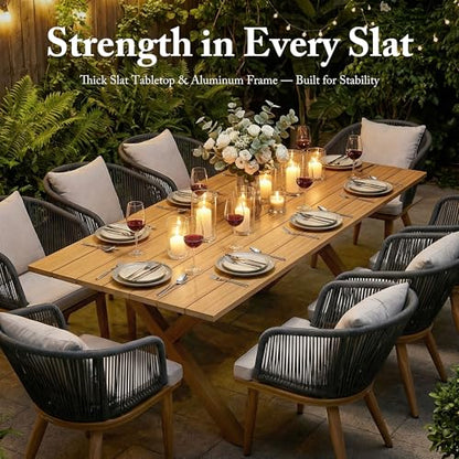 PURPLE LEAF 9 Pieces Patio Dining Set Wicker Outdoor Furniture Rectangular Table and Chairs Set for Garden Deck Teak-Finish Aluminum Frame Backyard Kitchen Set, Cushions and Pillows Included