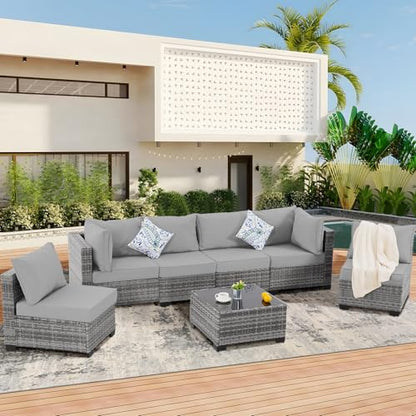 FHFO 7 Piece Outdoor Wicker Patio Furniture Set, Rattan Sectional Sofa Couch, Patio Conversation Set with Cushion & Coffee Table, for Backyard Poolside Porch Garden, Grey