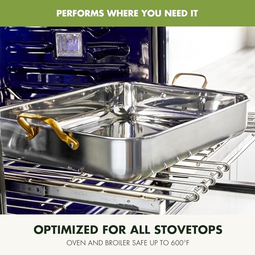 GreenPan Reserve 16" x 13" Tri-Ply Stainless Steel Roasting Pan with Roaster Rack, Multiclad Cookware, Induction Suitable, Gold Stainless Steel Handles, Dishwasher & Oven Safe, Silver