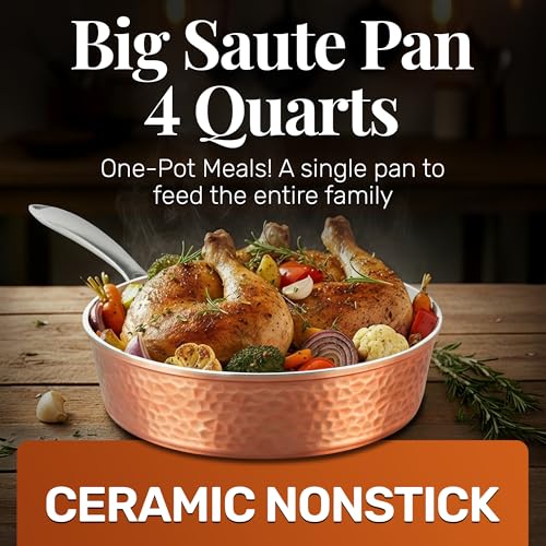 GOTHAM STEEL 4 Qt Saute Pan with Lid, Large Nonstick Skillet for Cooking, 12” Hammered Deep Frying Pan, Family Sized Pans, Ceramic Coating for Sauce, Induction Ready Oven & Dishwasher Safe, Non Toxic