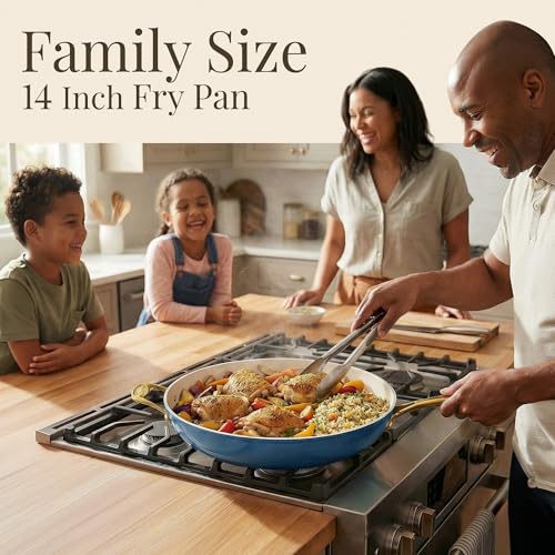 Gotham Steel 14 Inch Non Stick Frying Pans, Family Sized Non Stick Skillet, Large Frying Pan Nonstick Frying Pan, Induction Pan, Nonstick Pan for Cooking, Oven Safe Skillet, Dishwasher Safe–Cream Navy