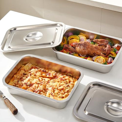Lasagna Pan with Lid, 10.4x14x2.7 Inch Large Stainless Steel Nonstick Lasagna Baking Roasting Dishes Pan for Oven(M, 1 Pack)