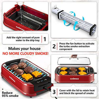 Indoor Grill, CUSIMAX Smokeless Grill Indoor, Electric Griddle, 1500W, Red