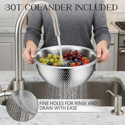 DUTZUN Heavy-Duty Stainless Steel Mixing Bowls Set of 5 plus 3QT Colander, Nesting Kitchen Metal Bowl for Baking Prep Salads Serving Cooking, Non-Toxic & Dishwasher Safe — 4.0 to 0.8 QT