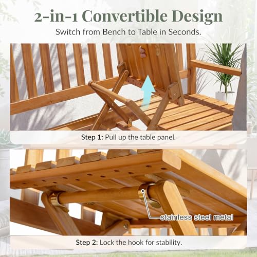 Devoko Outdoor Bench, 2-Person Garden Bench, Patio Wood Bench Outdoor Loveseat with Pull-Out Center Table for Backyard, Balcony and Patio and Garden (Log Color)