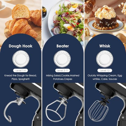 gapalilo 5.5QT Stand Electric Mixer, 12-Speed Kitchen Mixer with Tilt-Head, Stainless Steel Bowl Dough Mixer, Egg Whisk, Dough Hook & Beater Included, Idea for 3-5 Family (Black)