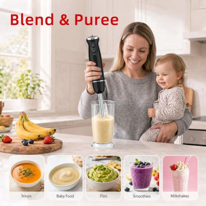 AURYAO 5-in-1 Immersion Blender, 1000W Hand Blender with Chopper & Whisk