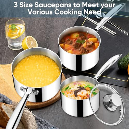 Homikit 1 Quart Saucepan, Tri-Ply Stainless Steel Sauce Pan with Lid, 1QT Small Induction Cooking Pot with Ergonomic Handle, Small Pan for Making Sauce, Warming Milk, Boiling Eggs, Dishwasher Safe