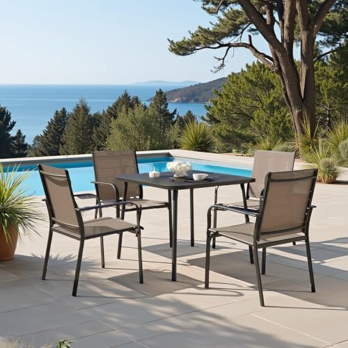 LAUSAINT HOME 5-Piece Outdoor Dining Set, Patio Furniture Set with Textilene Chairs and Square Metal Table, All-Weather Table and Chairs Set with Umbrella Hole for Backyard, Garden, and Poolside