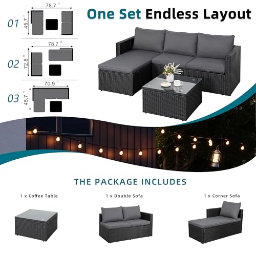 SUNLEI Patio Furniture Set with Detachable Soft Cushions, Outdoor PE Rattan Patio Conversation Sofa Set, 3-Piece Patio Sectional Sofa with Glass Coffee Table (Black Rattan&Charcoal)