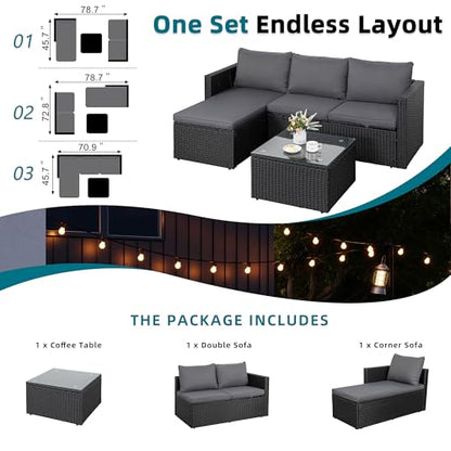 SUNLEI Patio Furniture Set with Detachable Soft Cushions, Outdoor PE Rattan Patio Conversation Sofa Set, 3-Piece Patio Sectional Sofa with Glass Coffee Table (Black Rattan&Charcoal)
