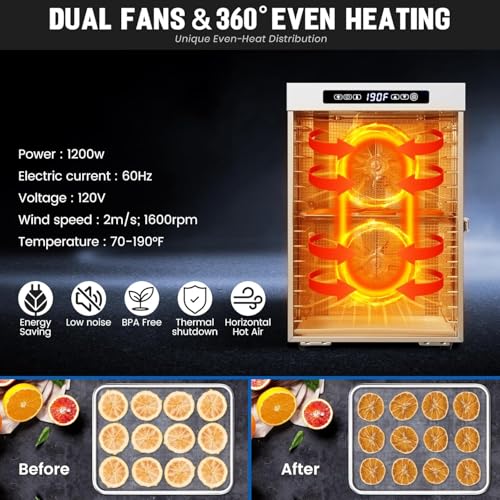 Cercker Commercial Food-Dehydrator Machine 14 Trays, 1200W Fruit Dehydrator,11.98ft² Meat Dryer for Jerky,190ºF Temperature Control,24H Large Food Dryer for Beef