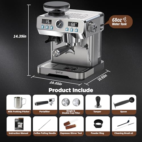 GeniCup Espresso Machine with Grinder 20 Bar with 68oz Water Tank Cold Brew