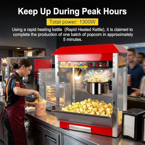 Movie Popcorn Machine, 1300W Commercial Popcorn Maker with 8 Oz Kettle, Stainless Steel Countertop Popcorn Popper, Theater Style for Home & Concession Stands