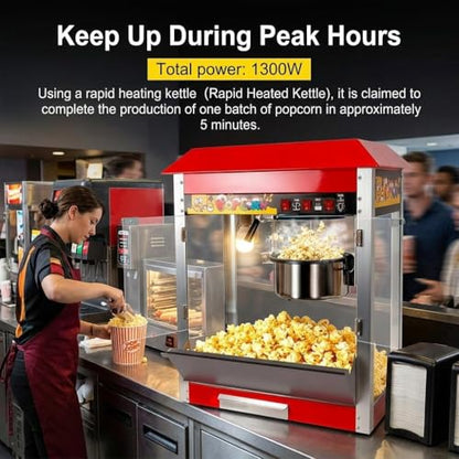 Movie Popcorn Machine, 1300W Commercial Popcorn Maker with 8 Oz Kettle, Stainless Steel Countertop Popcorn Popper, Theater Style for Home & Concession Stands