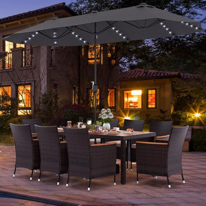 Tangkula 11 Pieces Patio Dining Set with 15ft Double-Sided LED Patio Umbrella (Base Included), Outdoor Rattan Furniture Set with 8 Stackable Chairs, Acacia Wood Dining Table and Umbrella (Gray)