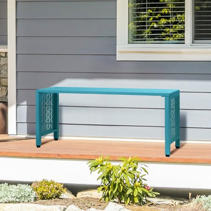 VINGLI 40in Outdoor Metal Bench, All-Weathe Backless Patio Bench with Slatted Seat＆Floral Side Panels, Rust-Resistant Garden Bench, Weatherproof Outdoor Seating for Porch Entryway Backyard (Blue)