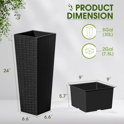 Devoko Resin Tall Planters for Outdoor Plants Set of 2, Large Taper Outdoor Planter Pots with 4 Drainage Holes, Flower Pots Modern Decor for Porch, Patio, Backyard, Home Garden (Black, 24")