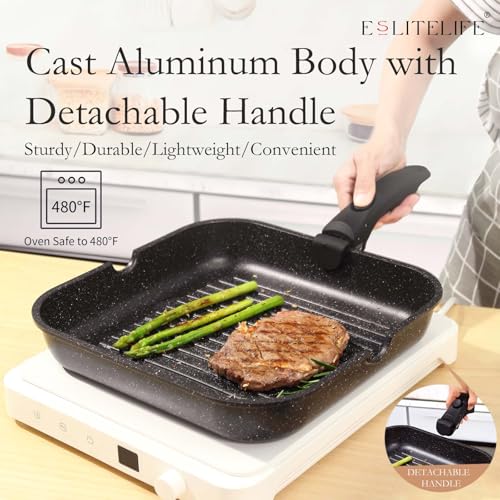 ESLITE LIFE 11 Inch Large Square Grill Pan, Induction Compatible Nonstick Steak Grill Pan with Detachable Handle, Versatile Skillet for Indoor Cooking, PTFE & PFOA Free, Black