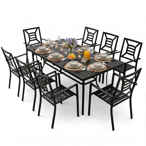 SAILARY 9 Pieces Patio Dining Set for 8, Large 77" Outdoor Metal Table with Universa Umbrella Hole & Stackable Iron Chairs, Patio Furniture Set for Deck, Backyard, Yard, Porch