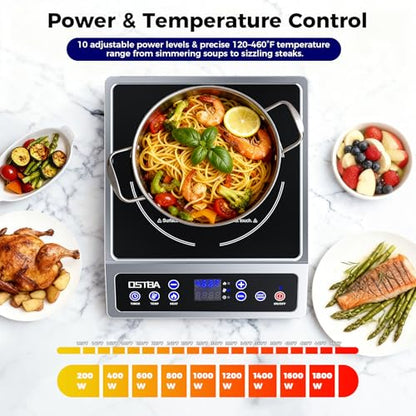 OSTBA 1800W Commercial Induction Cooktop, 7" Heating Coil Countertop Induction Burner, 10 Power Levels & 120–460°F Temperature Control, 3H Timer, Keep Warm, ETL Certified