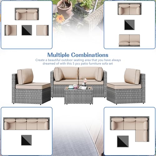 Shintenchi 5 Piece Outdoor Patio Furniture Set with Silver PE Rattan, Khaki