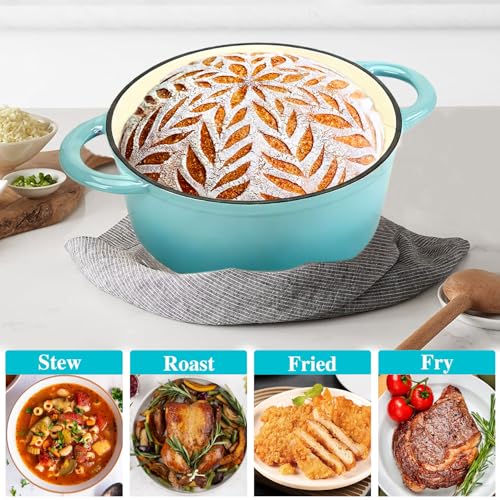 Cast Iron Dutch Oven 4.5 Quart Enameled Cast Iron Dutch Oven Pot with lid Heavy Duty Dutch Oven Dual Handles Porcelain Enameled Cast Iron Pot for Baking Braiser Cooking Family or Friends Gifts,Aqua