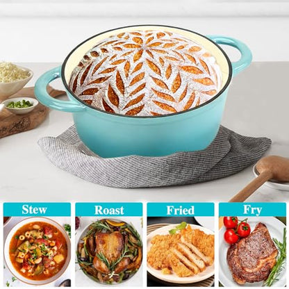 Cast Iron Dutch Oven 4.5 Quart Enameled Cast Iron Dutch Oven Pot with lid Heavy Duty Dutch Oven Dual Handles Porcelain Enameled Cast Iron Pot for Baking Braiser Cooking Family or Friends Gifts,Aqua
