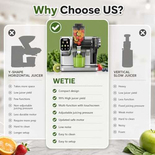 WETIE Cold Press Juicer, Powerful Juicer Machines with Adjustable Juicing Pressure, 99% High Juice Yield, Quiet Slow Masticating Juicer with Touch Screen, 3.54'' Feed Chute, Easy to Clean with Brush
