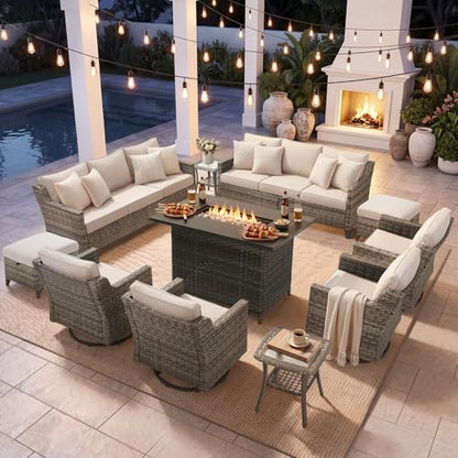 Belord Patio Wicker Swivel Rocker Patio Chairs with 3-Seater Sofa and 42.5" Fire Pit Table, Outdoor Furniture Set for Deck Porch Poolside, 11 Piece Patio Conversation Furniture Set,Beige