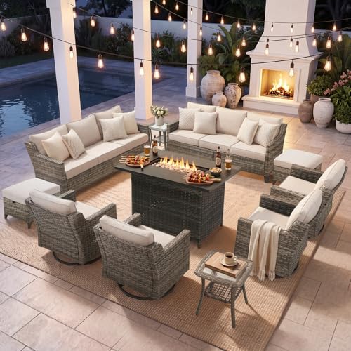 Belord Patio Wicker Swivel Rocker Patio Chairs with 3-Seater Sofa and 42.5" Fire Pit Table, Outdoor Furniture Set for Deck Porch Poolside, 11 Piece Patio Conversation Furniture Set,Beige
