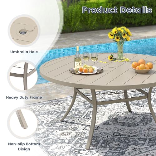 VICLLAX 11 Pieces Patio Outdoor Dining Set, 63" Round Metal Table with Umbrella Hole and 10 Stackable Textilene Chairs for Patio, Lawn, Garden, Porch, Sandshell