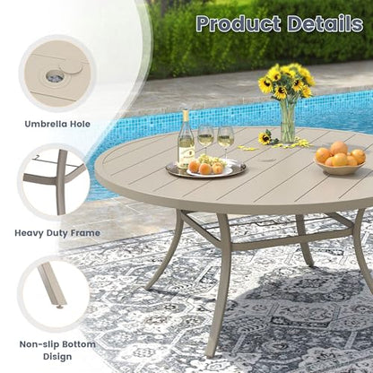 VICLLAX 11 Pieces Patio Outdoor Dining Set, 63" Round Metal Table with Umbrella Hole and 10 Stackable Textilene Chairs for Patio, Lawn, Garden, Porch, Sandshell