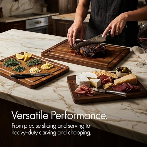 Xushro Acacia Wood Cutting Board Set of 3 with Stand - Thick Wooden Chopping Boards with Deep Juice Grooves - Non-Slip & Durable Wooden Boards for Meat & Vegetables (16x12, 14x10, 12x8) - Walnut