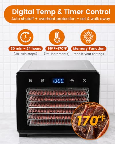 Saenchue Food Dehydrator Machine, 720W 8-Tray Stainless Steel Dryer with Clear Window Door, 95-170°F Digital Temp Control & 24H Timer, 360° Airflow for Jerky, Fruit, Herbs, Dog Treats