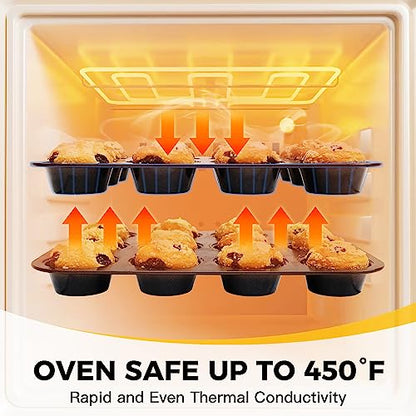 HONGBAKE Bakeware Sets, Baking Pans Set with Kitchen Oven Mitts, Nonstick Oven Pan for Kitchen with Wider Grips, 12-Piece Including Rack, Cookie Sheet, Cake Pans, Loaf Pan, Muffin Pizza Pan