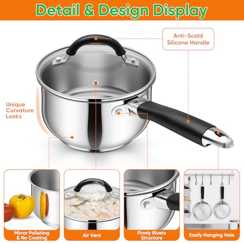 P&P CHEF 3 Quart Sauce Pan with Lid, Stainless Steel Saucepan, Small Milk Pot for Multipurpose Cooking, Visible Glass Lid & Stay-cool Silicone Handle & Tri-Ply Base, For All Stoves & Dishwasher Use