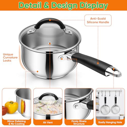 P&P CHEF 3 Quart Sauce Pan with Lid, Stainless Steel Saucepan, Small Milk Pot for Multipurpose Cooking, Visible Glass Lid & Stay-cool Silicone Handle & Tri-Ply Base, For All Stoves & Dishwasher Use